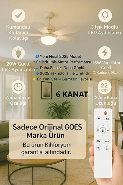 Kılıforyum Tavan Vantilatör Kumandalı Sessiz 6 Kanatlı Işıklı E27 Duy Modern ...