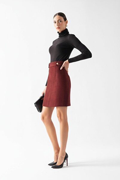 Spazio Clack Klasik Beli Düğme Bant Detaylı Tüvit Etek BORDO