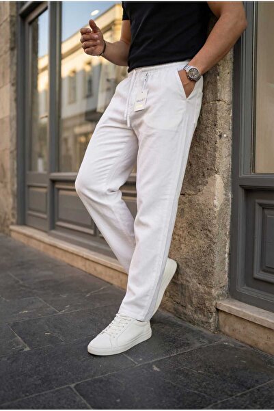 hello7 بنطلون رجالي من الكتان بقصة مريحة مع حزام خصر برباط