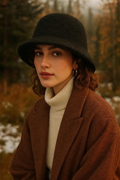 Külah قبعة دلو فاخرة من صوف الألبكة - قبعة دلو شتوية سوداء بوهيمية