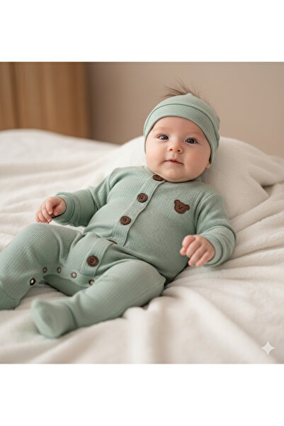 Buliş Baby Romper with Teddy Bear Logo Hat, Green