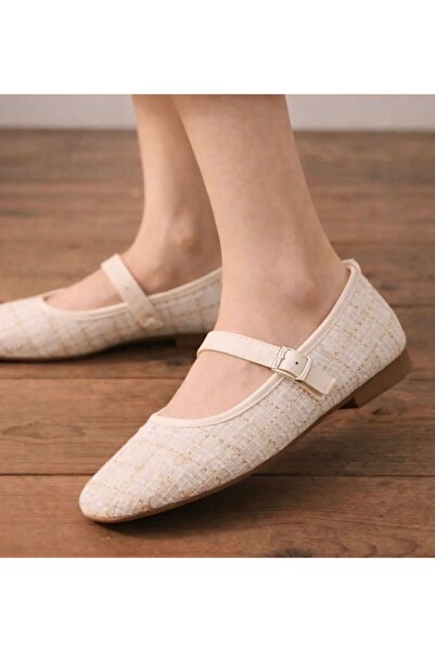 redtan Women's Beige Tweed Fabric Single Strap Buckle Classic Casual Ballerin...