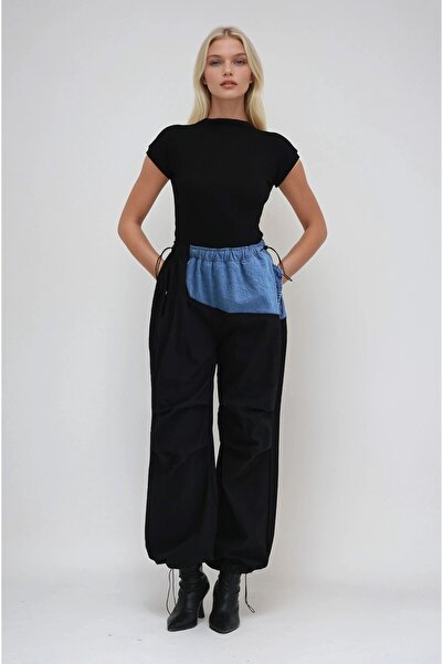 Lijuri Black Denim Paneled Elastic Cargo Pants 0105 R2-G-K1