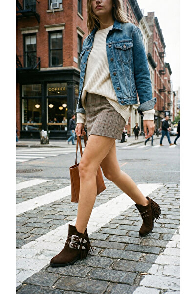 Ayakkabı Delisiyim Cizme de damă Western Cowboy maro cu ciucuri Cataramă meta...