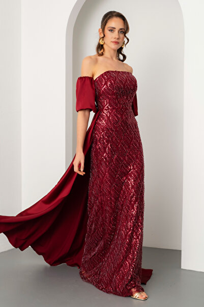 Lafaba Women's Burgundy Slim Fit Strapless Balloon Sleeve Rhinestone Long Eve...