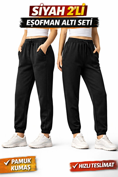 Modaflow 2Lİ Eşofman Altı SETİ Lastik Paça Yüksek Bel Eşofman Sport Jogger Co...