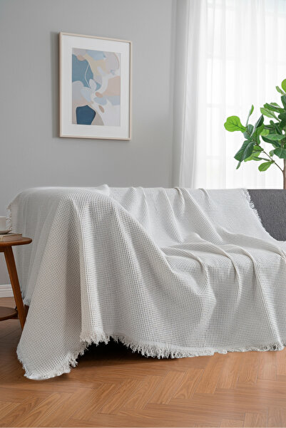 rellhome Pamuklu Dokulu Ekru Koltuk Şalı 170x220 cm – Saçaklı TV Battaniyesi ...
