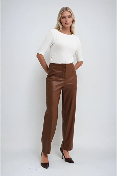Lijuri Tan Pleated Detailed High Waist Leather Trousers 0103 R4-F-K1