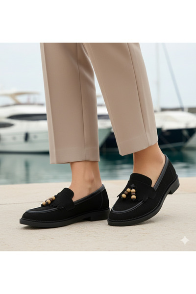 guijarro Black Suede Bohemian Style Wooden Beaded Kiltie Loafer Casual Shoes