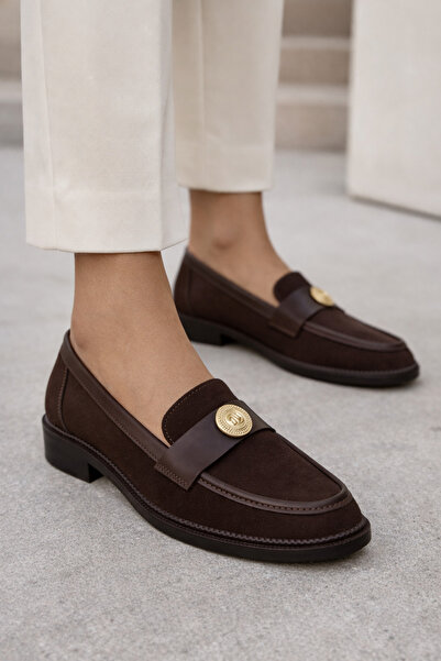 guijarro Women's Brown Suede Classic Loafer Shoes with Gold Button Detail