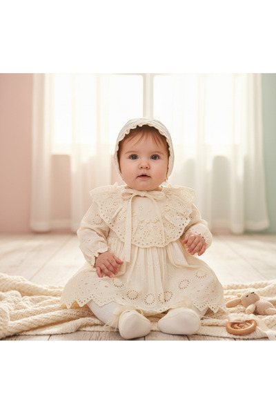 Florijee Pure 4'lü Kız Bebek Mevlüt Seti - %100 Pamuk Fisto Elbise, Şapka, Ay...