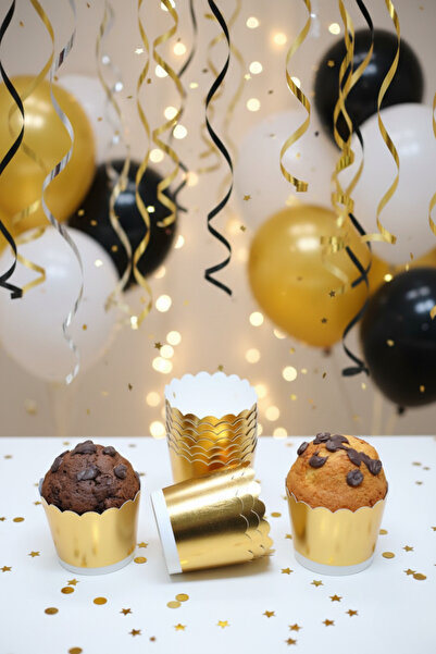 NEWPARİ Altın & Gold Yaldız Kaplamalı Cupcake ve Muffin Kek Kalıbı Fırında Da...