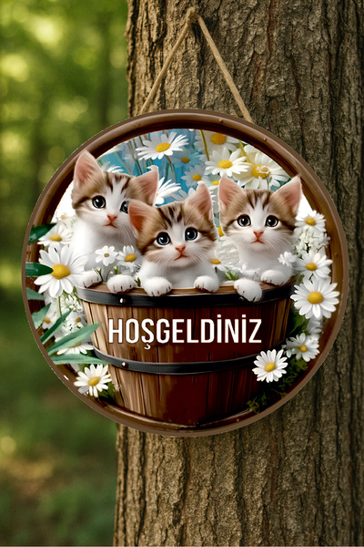 MODERN TASARI Kapı Süsü Ahşap "HOŞGELDİNİZ" Yazılı 2D FLAT - Retro Tarz - Dek...