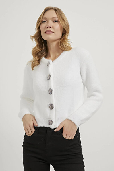 MATTİMODA Kadın Papatya Düğmeli Regular Beyaz Peluş Hırka
