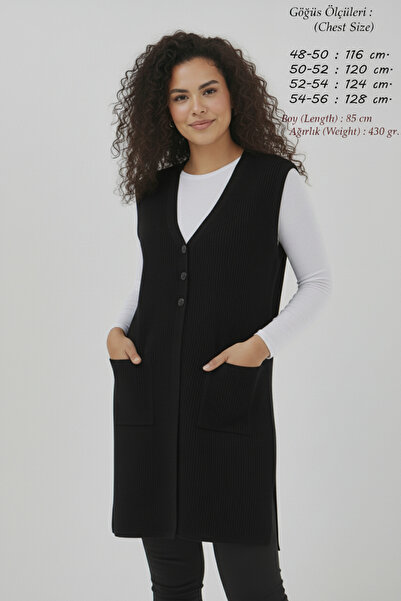Elvin Women's Knitwear Plus Size Vest Corded Fabric Mother Long Black Vest