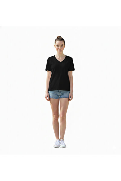 jeneric Women's Black 100% Cotton V-Neck Oversized Short Sleeve Basic T-Shirt