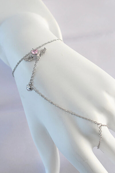 shopwave 316L Steel Silver Color Pink Zircon Stone Winged Heart Model Şahmeran
