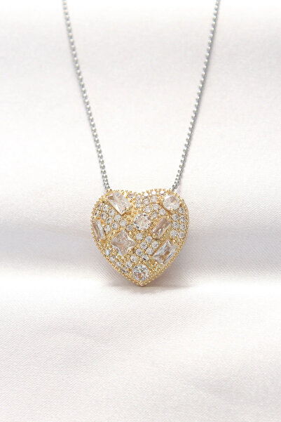 shopwave 316L الصلب مزدوج اللون الزركون حجر القلب قلادة