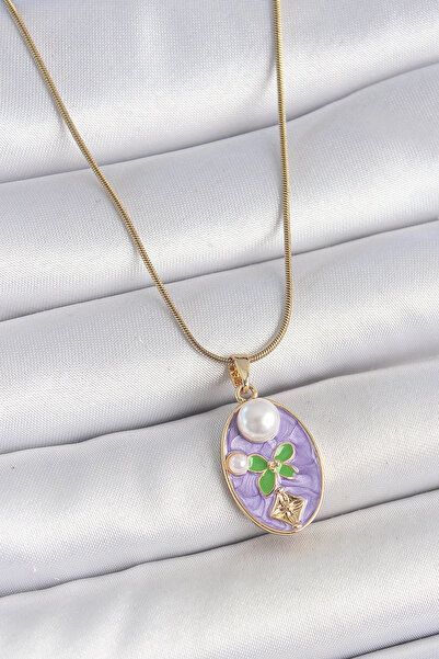 shopwave 316L Steel Gold Color Chain Purple Enamel Oval Pearl Flower Embroide...