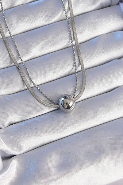 shopwave 316L Steel Double Chain Silver Color Ball Italian Model Necklace