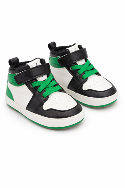 Superbaby Λευκά με μαύρα και πράσινα ψηλά πάνινα παπούτσια για μωρά