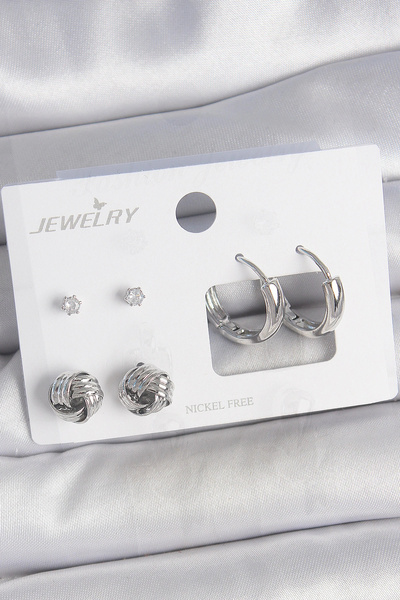 shopwave طقم أقراط نسائية من حجر الزركون والنحاس الفضي اللون موديل 3 أزواج