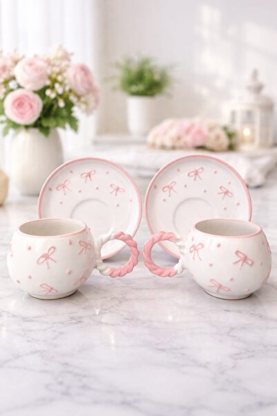 İZart FİYONK Desenli Özel Kabartmalı El İşlemeli 4 PARÇA 2 KİŞİLİK FİNCAN TAKIMI