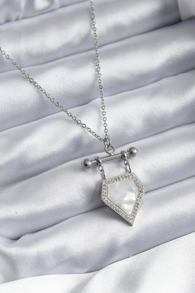 shopwave 316L الصلب الفضة اللون الزركون حجر التفاصيل قلادة المرأة