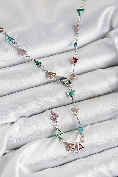 shopwave قلادة نسائية على شكل مثلث من حجر الزركون الملون باللون الفضي