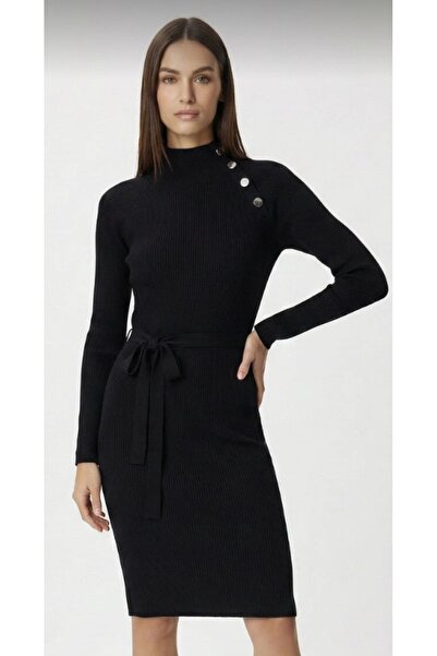 lamea Kadın- Metal Düğme Detaylı -Yarım Balıkçı-Klasik Triko Elbise- Siyah