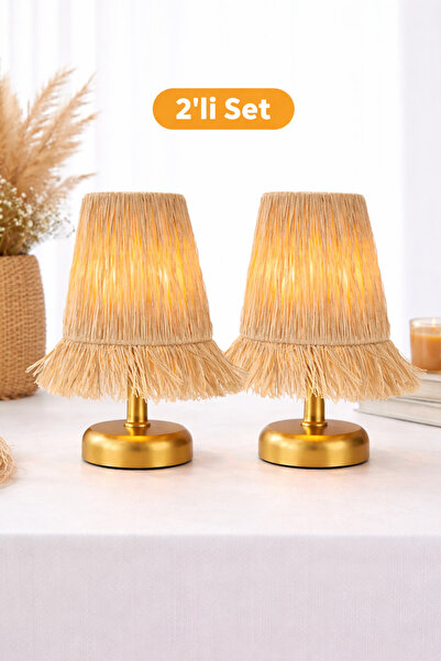 Bubihome Kablosuz Pilli Bohem Masa Lambası 2 Adet, Rafya Başlık Gold Gövde Pi...