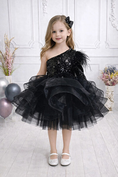 ELLUSSİ Kız Çocuk Siyah Parla Payetli Tek Omuz Kabarık Elbise