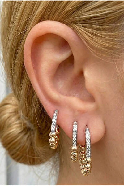 PRVT YSX 14K Altın Kaplama Zirkon Taşlı Top Detaylı Halka Küpe Seti