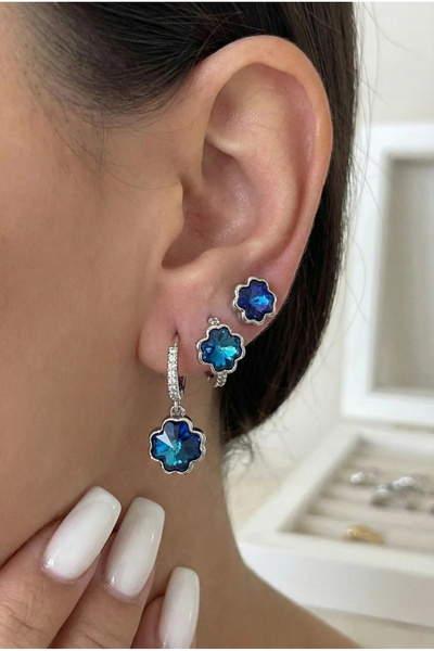 PRVT YSX 14K Altın Kaplama Akuamarin Renk Zirkon Taşlı Çiçek Form Sallantılı ...