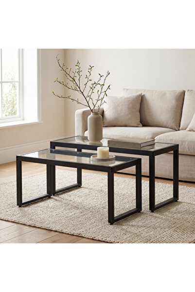 lacody Soho Duo Modern Temper Camlı Metal Zigon Orta Sehpa 2’li