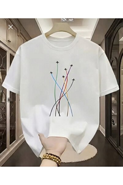 LELVANİ Colorful Airplane Printed Pattern T-Shirt