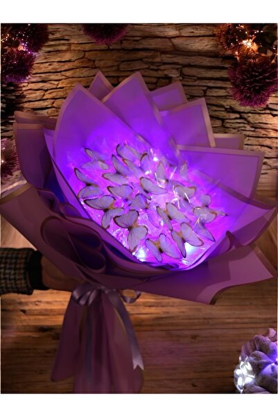 exzone LED IŞIKLI LİLA MOR KELEBEK BUKETİ YAPAY ÇİÇEK KALICI HEDİYE