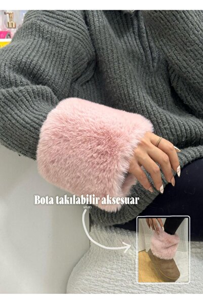 kibarca Yeni Trend Toz Pembe Kürk Bileklik Peluş Kolluk Manşet Kürklü Bot Tak...