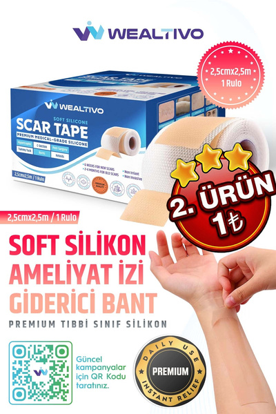 Wealtivo Skar Azaltıcı Soft Silikon Bant 2,5 m - Cerrahi/Sezaryen/Yanık/Akne/...