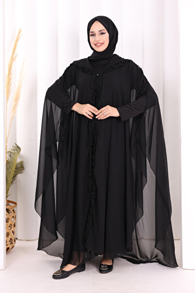 Bym Fashion Kapişonlu Belirli Kısımları Fırfır Detaylı Abayalı Elbise Abiye T...