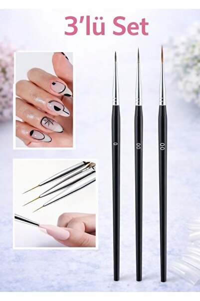 SİNKA Akrilik Tırnak Sanat Çizim Kıl Tırnak Fırçası 3'lü Set Siyah