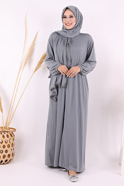 Bym Fashion Dantel Detay Şallı Namaz Feracesi 6010 Gri