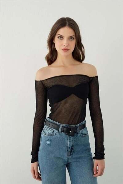 SHERIN Μαύρη διαφανής Εσωτερική Εξωτερική Πλεκτή Μπλούζα