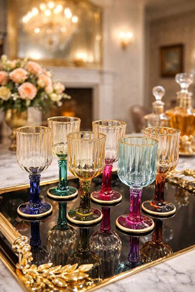 YzHome 6 lı Cam Yaldızlı Renkli Kahve Yanı Su Bardağı Kadeh Kupa Bardak 75ml