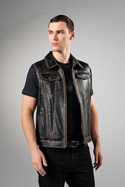 Valmenti Erkek Hakiki Deri Siyah Eskitme Yelek Deri Mont