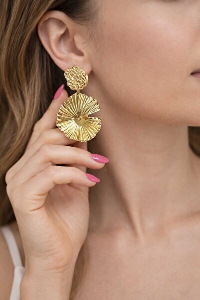 Furtek Aksesuar Kadın Sallantılı Şekilsiz Vintage Çelik Küpe Gold Kaplama Kar...