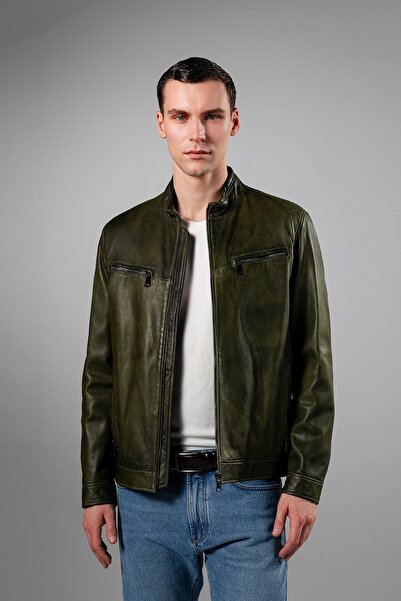 Valmenti Erkek Olive Hakiki Deri Deri Mont