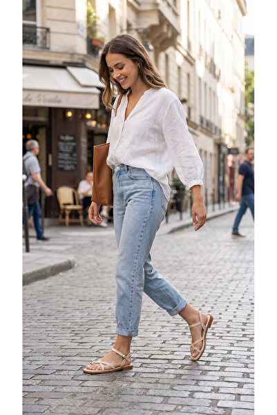 Ayakkabı Delisiyim Bej Rengi Yüzük Tokalı Kadın Sandalet – Deri, Hafif, Rahat...