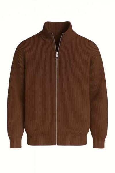Valiberta Woody Oversize Thessaloniki Knitted Zippered Men's Cardigan - Brown