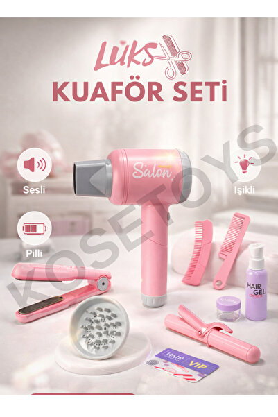 kosetoys KIZ ÇOCUK KUAFÖR SETİ LÜKS TASARIM GERÇEKÇİ ÜFLEME SESLİ IŞIKLI